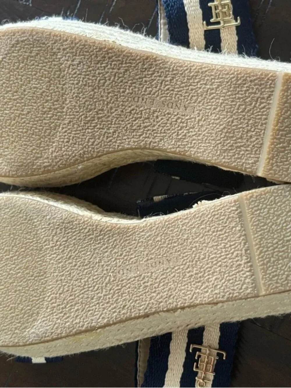 Lands End Navy/White Espadrille Slide Jute 2 Strap Wedge Sandal SZ 8